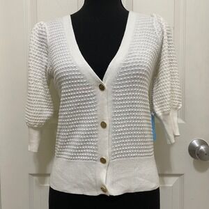 Draper James Knit Cardigan Textured Sweater 3/4 Puff Sleeve V‎ Neck White NWT XS